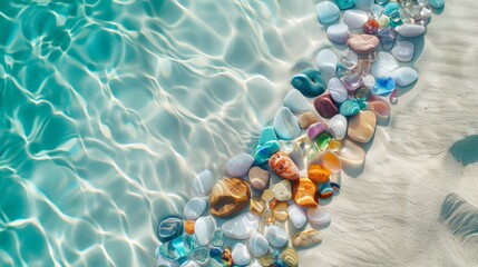 Colorful pebbles in the water on a sunny day.