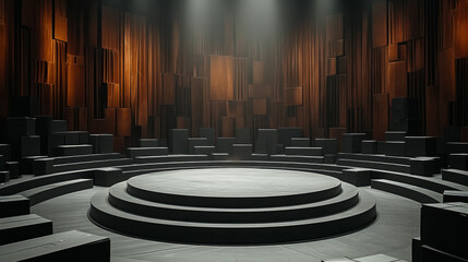  In the middle is a circular stage with many stacked boxes at the edge. There is a plate in the middle of the circular stage with a cheese on it 