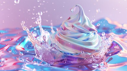 Digital Holographic Plate with Melting Ice Cream - Futuristic and Colorful Dessert Concept