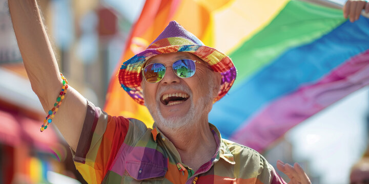 happy senior american gay man  with rainbow flags, candid LGBTQ+ 