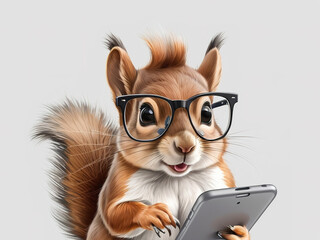 Squirrel with glasses playing on a smartphone, isolated white background