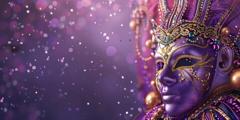 A detailed shot of a luxurious purple and gold mask, ideal for fashion or editorial use