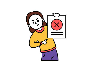 concept of bad work. job failed or rejected. wrong homework. illustration of a woman showing a piece of paper showing a cross symbol. outline style character design. graphic elements