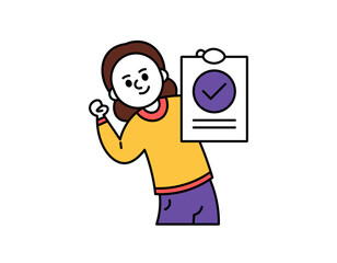 good work concept. the job is done or complete. homework done right. illustration of a woman shows a piece of paper showing a check mark symbol. outline style character design. graphic elements