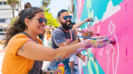 Artists from different cultures painting a mural for social justice, creativity and change, activism, protest, freedom, equality