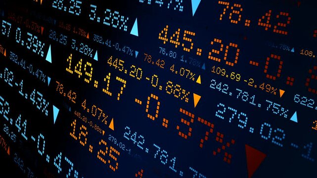Stock market ticker with prices, percentage changes. Abstract ticker board, financial market, screen, business, trading, rates, quotes, investment. 3D animation