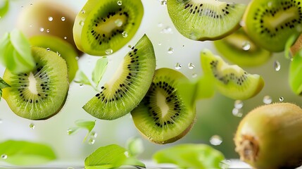 High-resolution image of kiwi slices and green leaves suspended in the air, isolated on a clear background. The scene captures the vibrant green and fresh quality of the fruit.