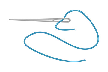 Needle with thread isolated on white background. Sewing needle with a long blue yarn. Sew, embroidery or needlework tool. Tailor sign. Diy and hobby symbol. Stock vector illustration