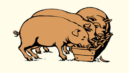 Vector drawing. Pigs eating rhe food
