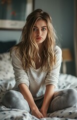 Obraz premium Young woman in bedroom on bed feeling sad and depressed after argument with husband
