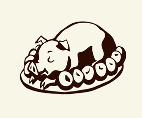 Vector drawing. Tasty pig on the plate