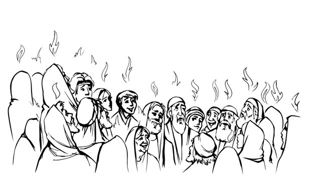 Vector drawing. Pentecost day. Many people came together for praying