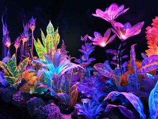 UV Light Garden Featuring UV-Reactive Plants and Sculptures in a Glowing Landscape