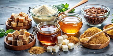 Assorted alternative sweeteners and sugar substitutes including coconut bud sugar, xylitol, cane sugar