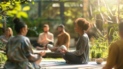 A group of people meditate in a serene outdoor setting, surrounded by lush greenery.