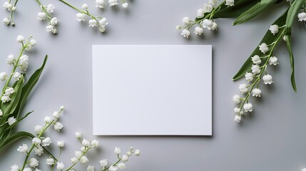 Elegant blank wedding invitation card with delicate white lily of the valley flowers on a soft grey background, ideal for customization.