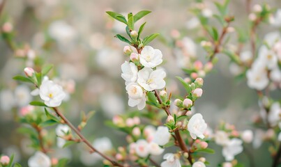 white flowers on peach branches with green leaves and pink buds, Generative AI