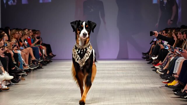 Dog walking on a fashion runway with audience, stylish and unique event