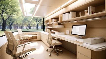 Modern interior of a high-tech office with a panoramic window
