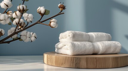 Round wooden podium with luxurious cotton towels and a cotton branch, set against a smooth blue background for refined product showcases.