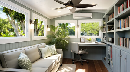 Modern interior of a home office combined with a library and a relaxation area