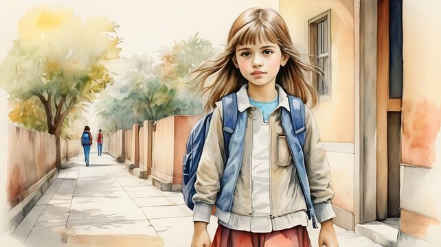 snall girl with backpack standing on street getting ready to go to school, watercolor drawing
