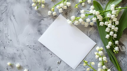 Sophisticated blank wedding invitation card with white lily of the valley flowers, presented on a grey backdrop, offering generous space for text.