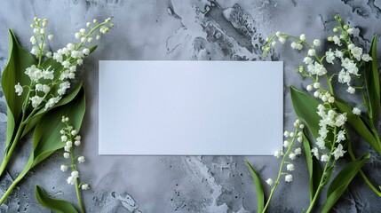 Sophisticated blank wedding invitation card with white lily of the valley flowers, presented on a grey backdrop, offering generous space for text.