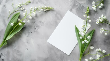 Sophisticated blank wedding invitation card with white lily of the valley flowers, presented on a grey backdrop, offering generous space for text.