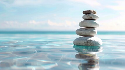 Zen stone stack balanced on calm water, with a serene sea background, embodying peace and harmony for a spa or relaxation concept.