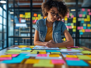 Fototapeta premium Woman Reviewing Project Notes in Modern Office Setting