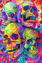 Multiple Colored Skulls.  Generated image.  A digital illustration of multiple skulls of different colors, smiling and laughing in a Halloween theme.