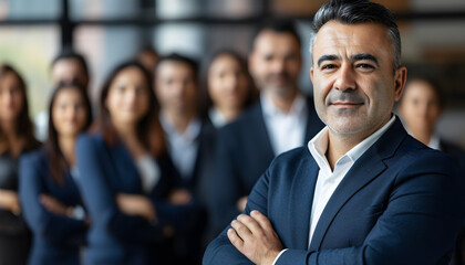 Fototapeta premium Confident Business Leader: Smiling Man Standing in Office During Team Meeting. Inspiring Leadership: Smiling Businessman Leads with Office Colleagues.