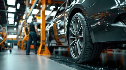 Close-up of a car wheel in a modern automotive manufacturing facility with robotic arms and a worker in the background.