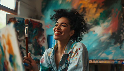 Talented female artist working with oil paints in studio. Female artist immersed in creating oil paintings. Inspired creativity.