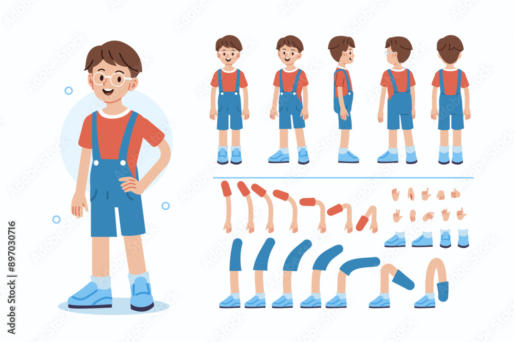Wall mural school boy character constructor for animation. front, side and back view. body parts and postures c