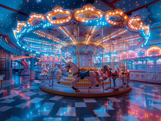 Fototapeta premium Illuminated Carousel With Colorful Horses in Indoor Amusement Park at Night