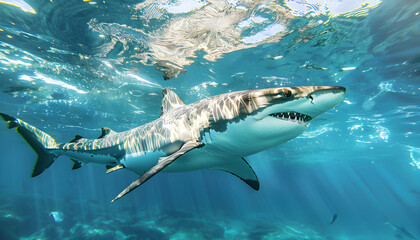 Fototapeta premium Shark in ocean. Big Shark in action swim, underwater background.