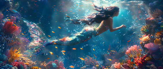 illustration of a mermaid under the sea swimming with ornamental fish and colorful coral reefs