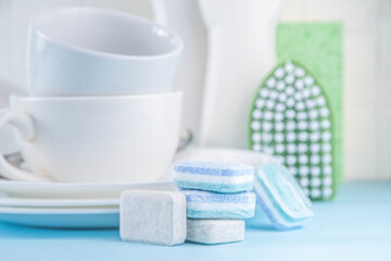 Dishwasher tablet for dish washing, detergents and accessories with plates