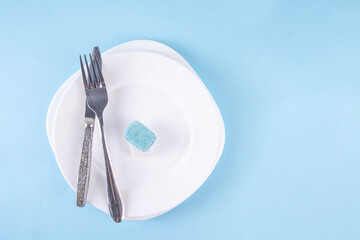 Dishwasher tablet for dish washing, detergents and accessories with plates