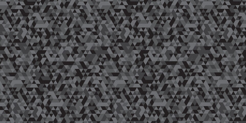 Abstract geometric black and gray background seamless mosaic and low polygon triangle texture wallpaper. Triangle shape retro wall grid pattern geometric ornament tile vector square element background