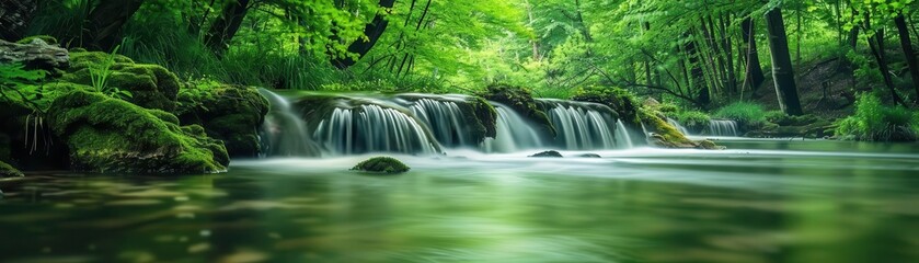 Fototapeta premium A serene waterfall cascading through lush green foliage, creating a tranquil ambiance and reflecting nature's beauty.