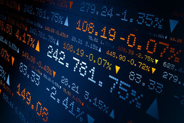 Stock market ticker with prices, percentage changes. Abstract ticker board, financial market, screen, business, trading, rates, quotes, investment. 3D illustration