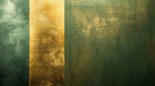 Luxurious gold leaf divides textured green wall, creating modern background. Shiny metallic contrasts with rough surface, adding stylish touch