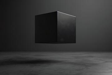 Black Box Levitation: 3D Rendering of Floating Abstract Cube on Modern Black Background