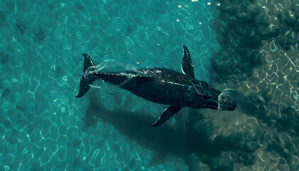 Fototapeta premium Majestic Whale in the Ocean. Up View of a Big Whale in the Ocean, with Natural Light and Shadows. Summer Time Serenity: Whale Swimming in the Ocean with Clear Blue Background