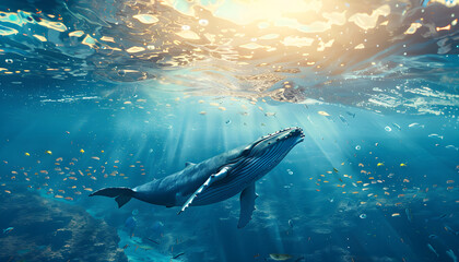 Fototapeta premium Majestic Big Whale Swimming in the Ocean Among Fish. Up View of a Big Whale in the Ocean, with Natural Light and Shadows. Summer Time Serenity: Whale Swimming in the Ocean with Clear Blue Background