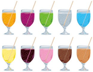 ストロー付きグラスに入ったジュースのイラストアイコンセット／しゅわしゅわ付き © ma_sa
