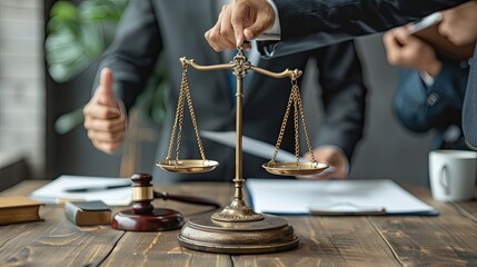 lawyer and his client shaking hands over a table, with scales of justice